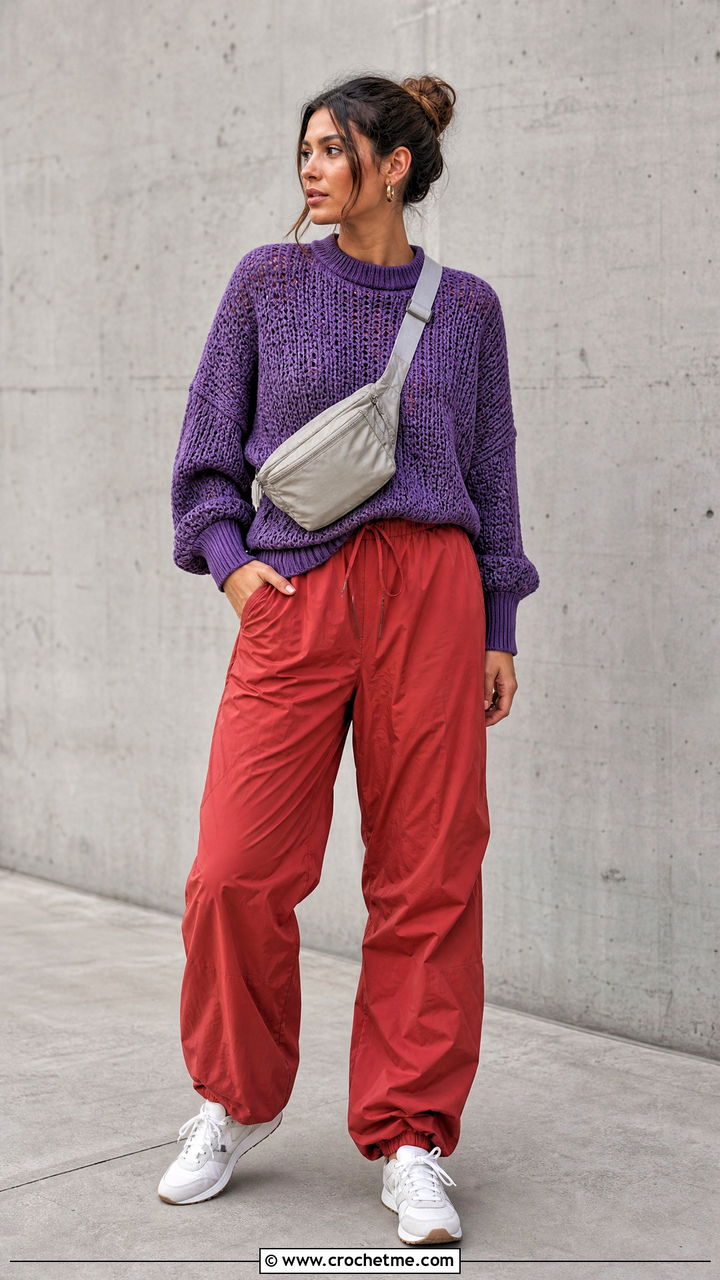Baggy Ribbed Cuff Crochet Sweater With Parachute Pants - 35 baggy crochet sweater outfit ideas