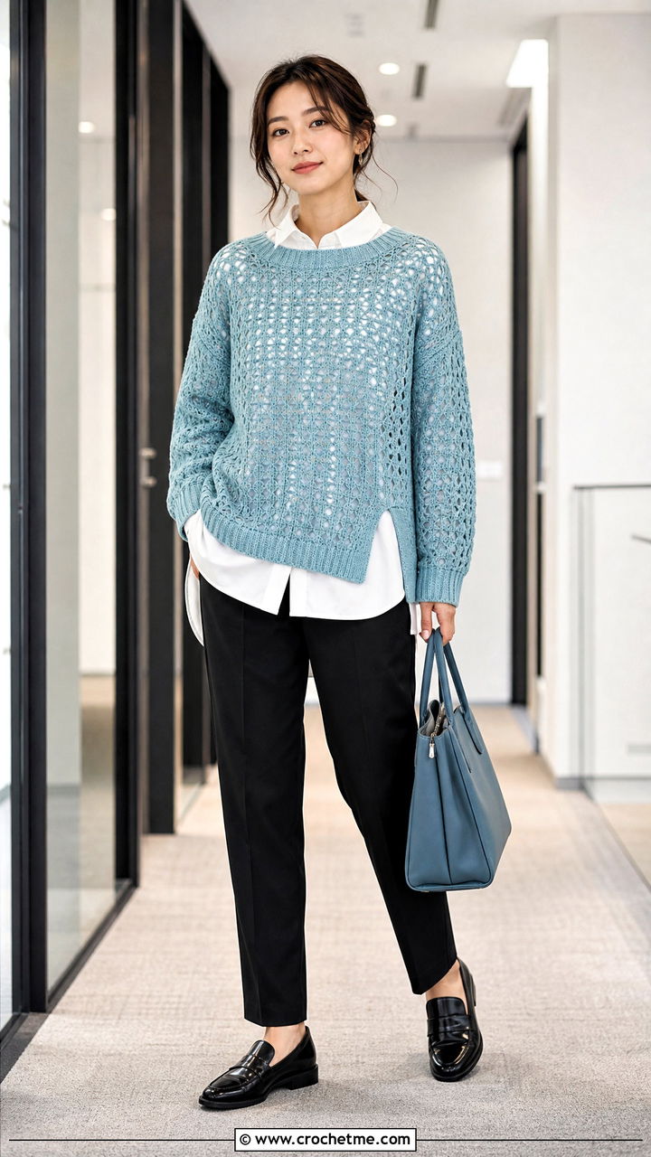Baggy Split Hem Crochet Sweater With Layered Shirt - 35 baggy crochet sweater outfit ideas