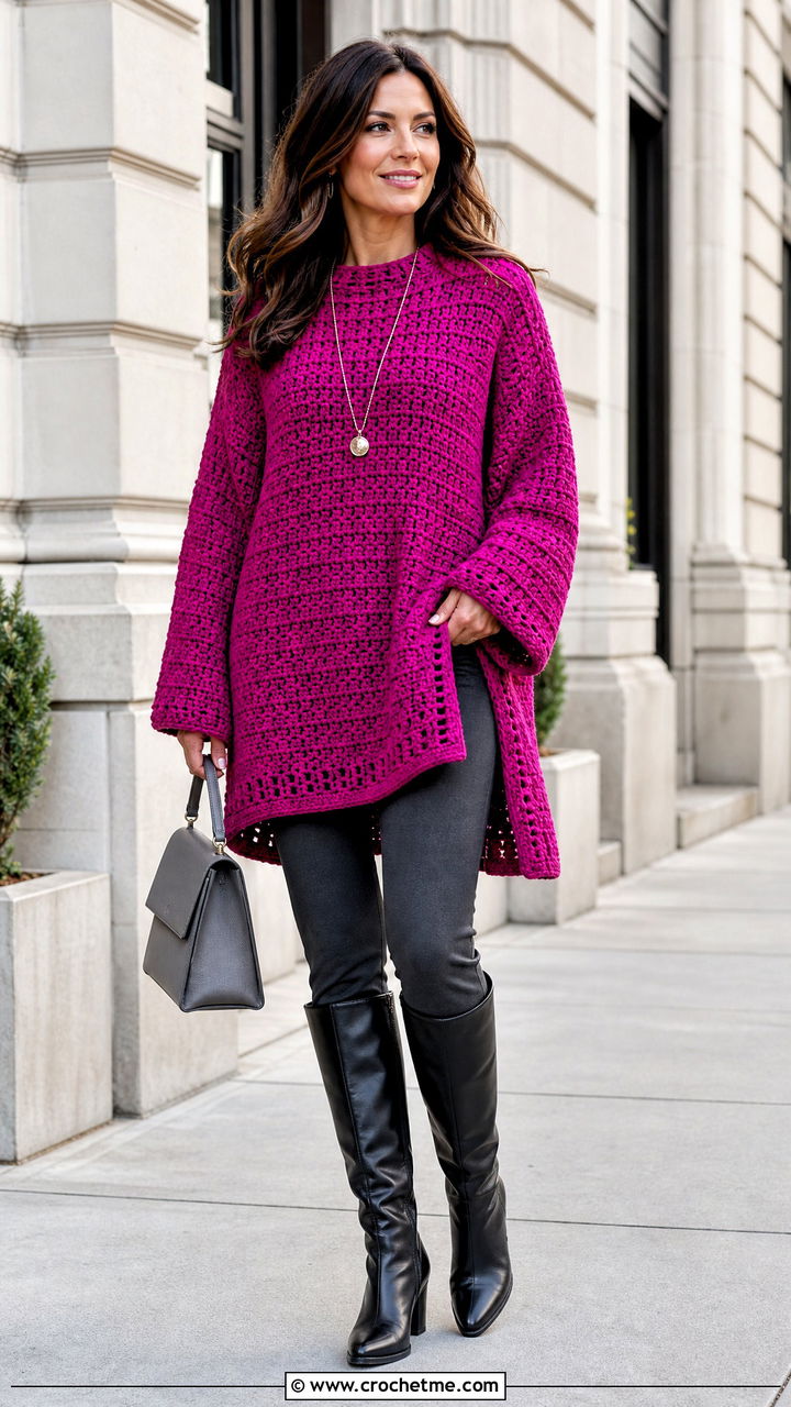 Baggy Tunic Crochet Sweater With Knee High Boots - 35 baggy crochet sweater outfit ideas