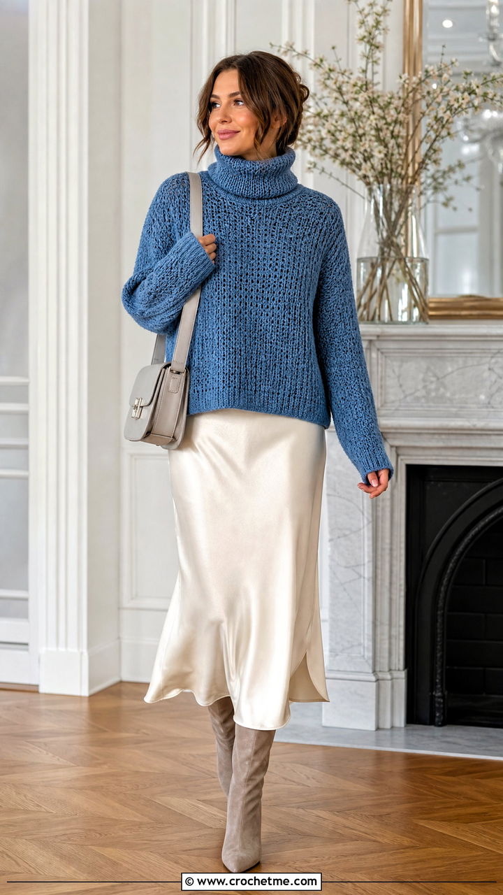 Baggy Turtleneck Crochet Sweater With Slip Dress - 35 baggy crochet sweater outfit ideas