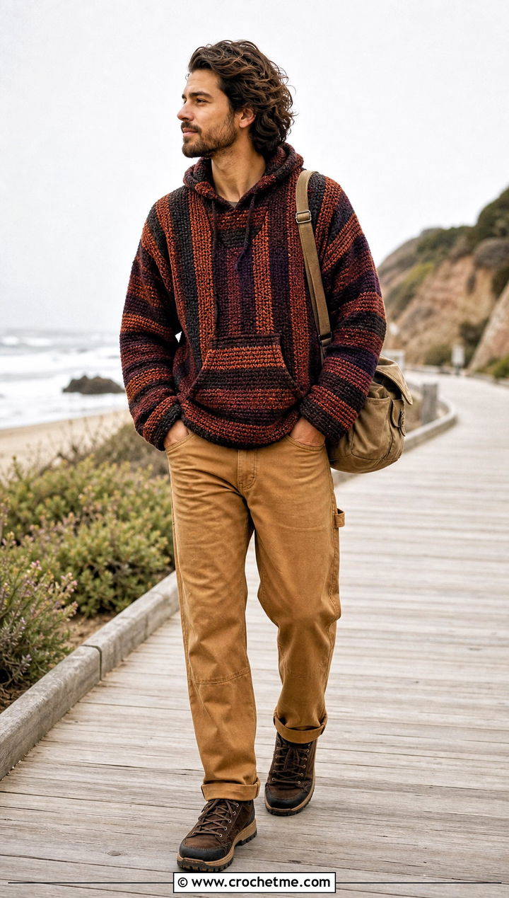 Baja Crochet Hoodie With Carpenter Pants - 25 Crochet Hoodie Men outfit ideas