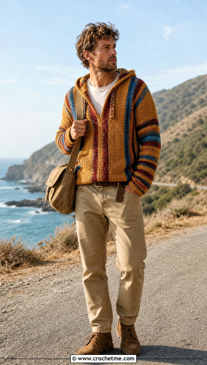 Baja Crochet Hoodie With Relaxed Khakis - 30 crochet mens hoodie outfit ideas