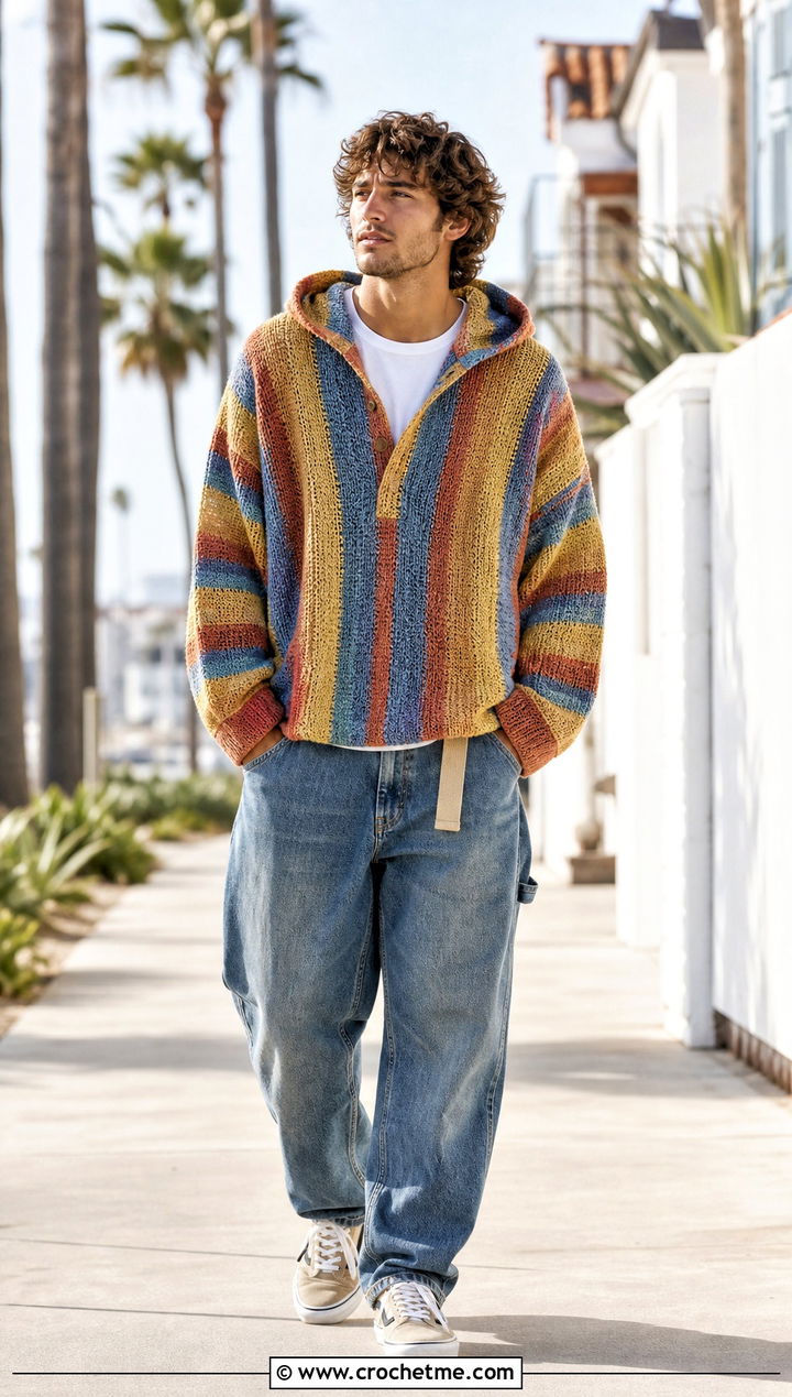 Baja Hooded Crochet Poncho With Carpenter Jeans - 15 mens hooded crochet poncho outfit ideas