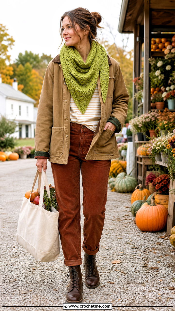 Baktus Crochet Scarf With Barn Jacket and Corduroy Pants - 35 easy one skein crochet scarf outfit ideas