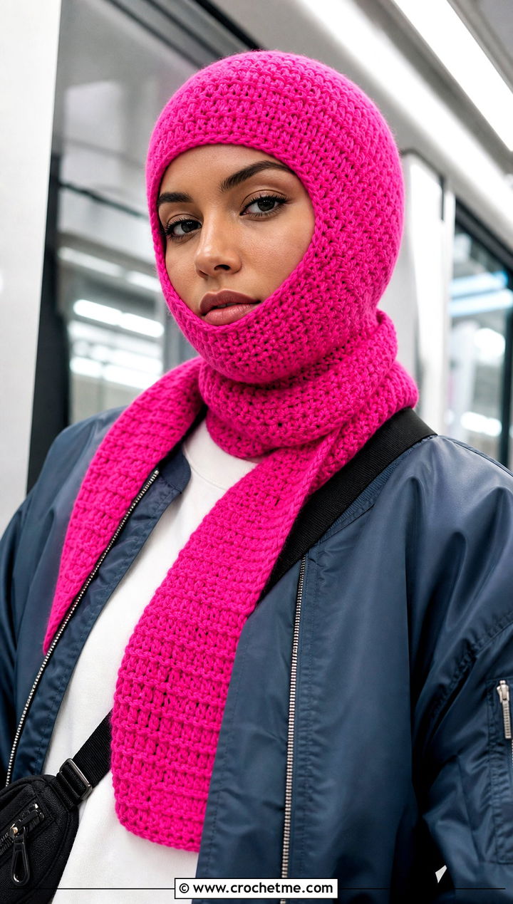 Balaclava Crochet Cap Scarf With Bomber Jacket - 25 Crochet Cap Scarf outfit ideas