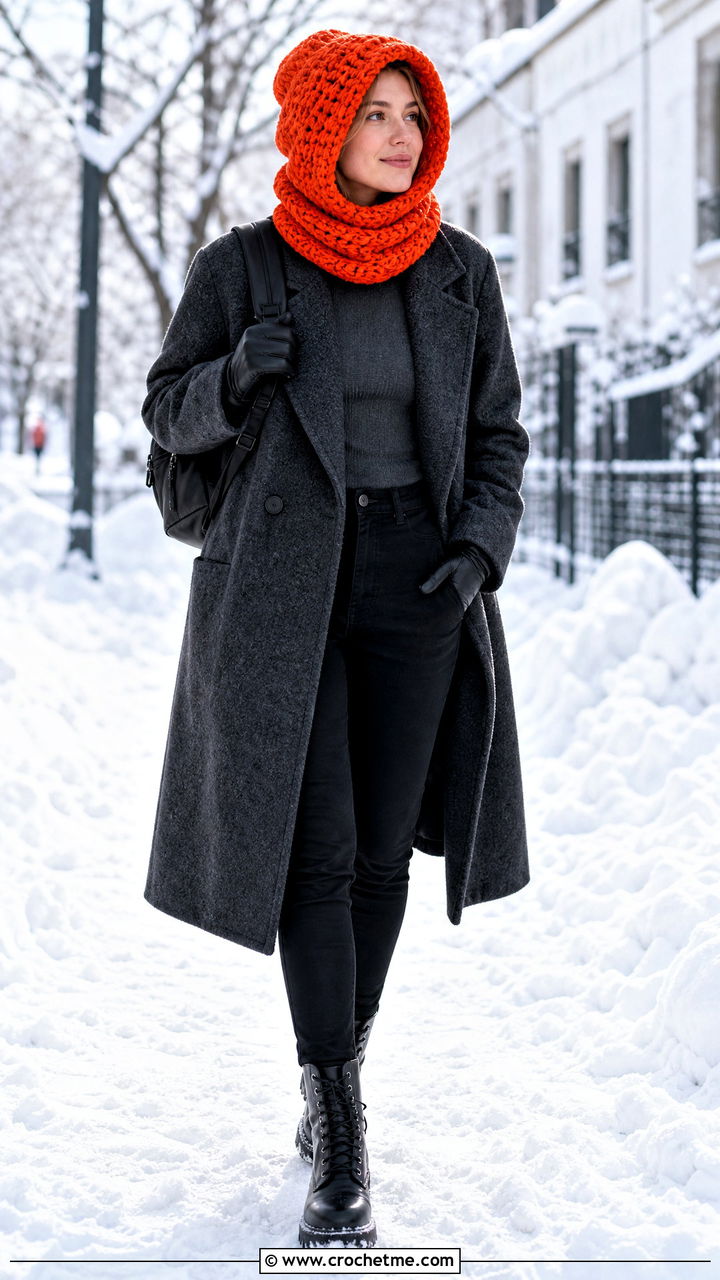 Balaclava Crochet Cowl With Oversized Coat - 35 crochet cowl outfit ideas