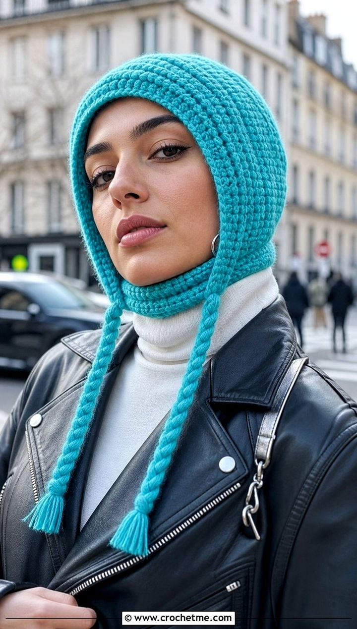 Balaclava Crochet Hood With Braided Ties And Moto Jacket - 30 crochet hat with braids outfit ideas