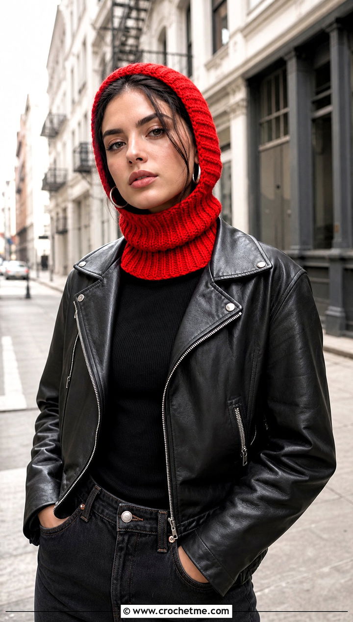 Balaclava Crochet Turtle Neck Hoodie With Leather Jacket - 30 crochet turtle neck hoodie outfit ideas