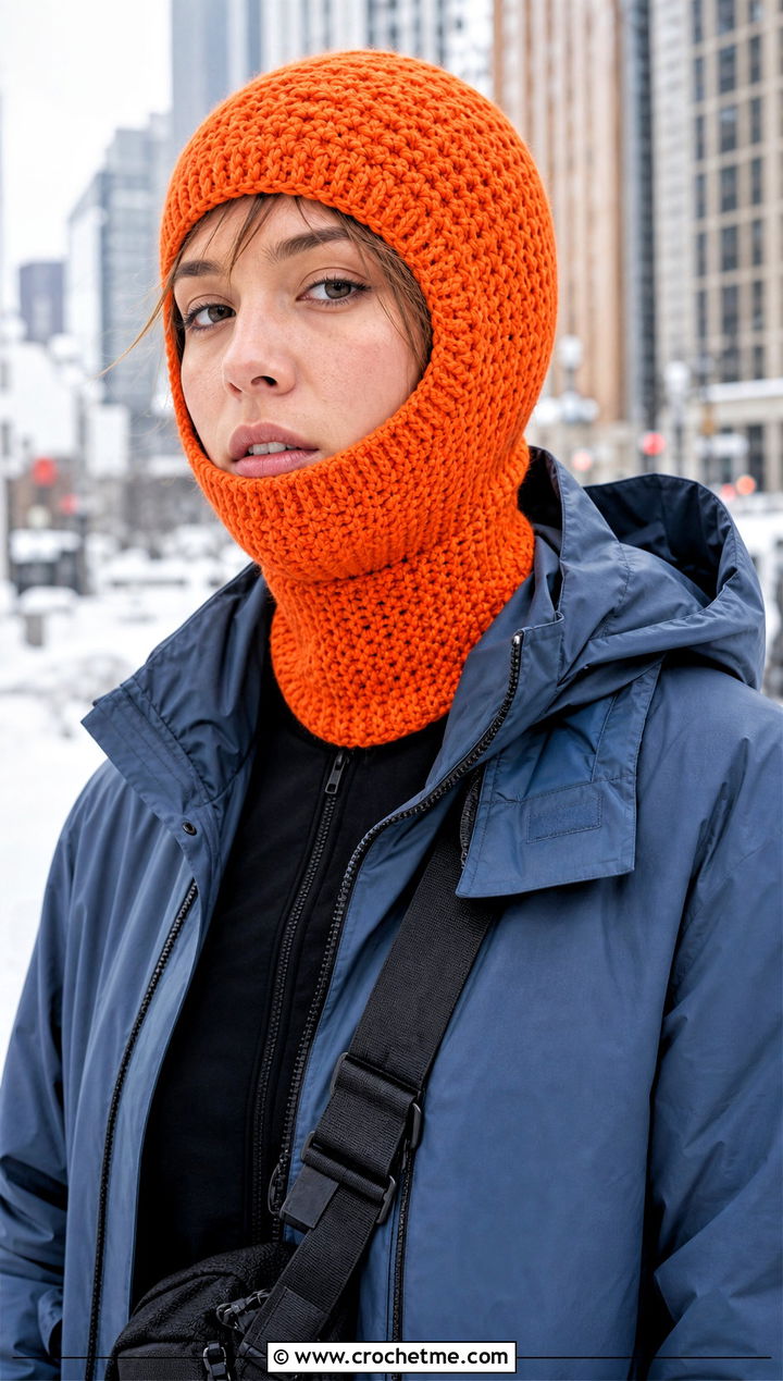 Balaclava Crochet Winter Scarf With Technical Shell Jacket - 35 crochet winter scarf outfit ideas