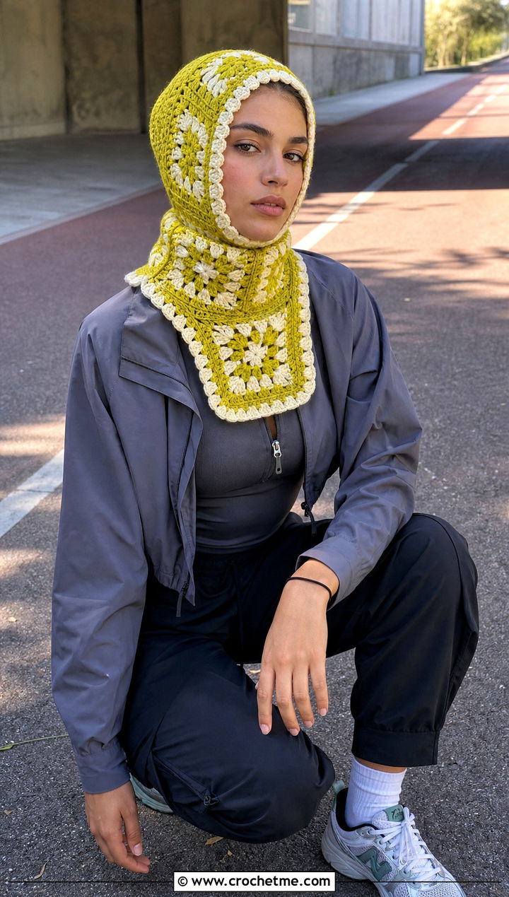 Balaclava Fit Granny Square Crochet Hooded Scarf With Track Pants - 30 Granny Square Crochet Hooded Scarf outfit ideas