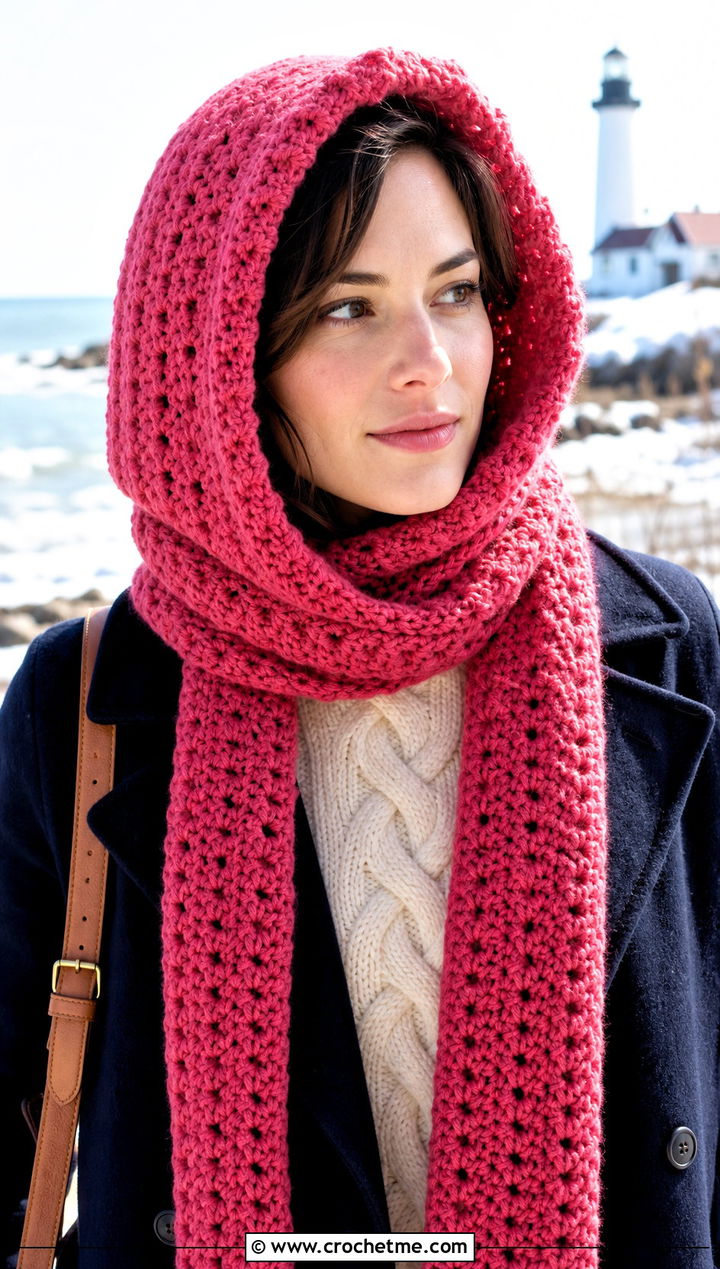 Balaclava Hood Scarf With Pink Crochet Texture And Peacoat - 25 Pink Crochet Balaclava outfit ideas