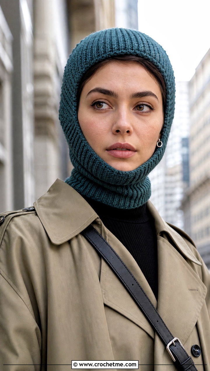 Balaclava Knit Look Crochet Hat With Trench Coat - 20 Crochet Knit Look Hat outfit ideas