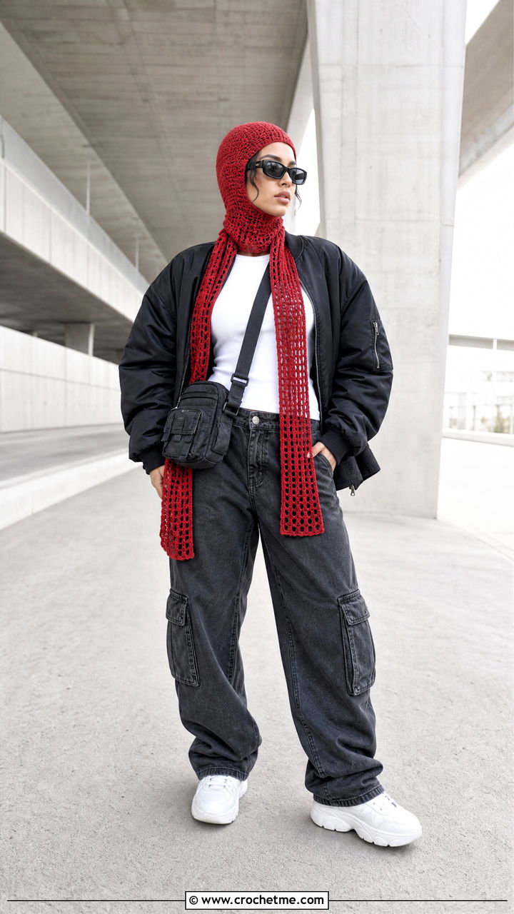 Balaclava Style Crochet Hood Scarf With Bomber Jacket - 35 crochet hood scarf outfit ideas