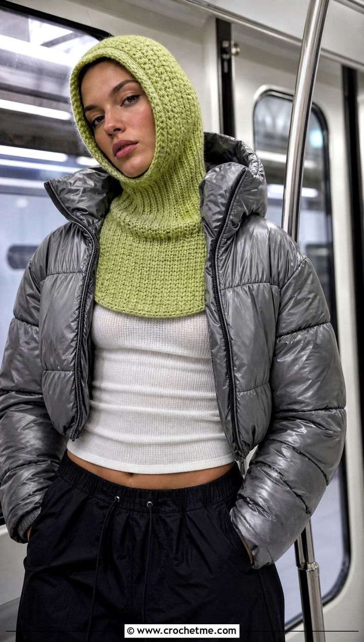 Balaclava Style Hooded Scarf With Puffer Jacket - 25 Crochet Hoodie Scarf outfit ideas