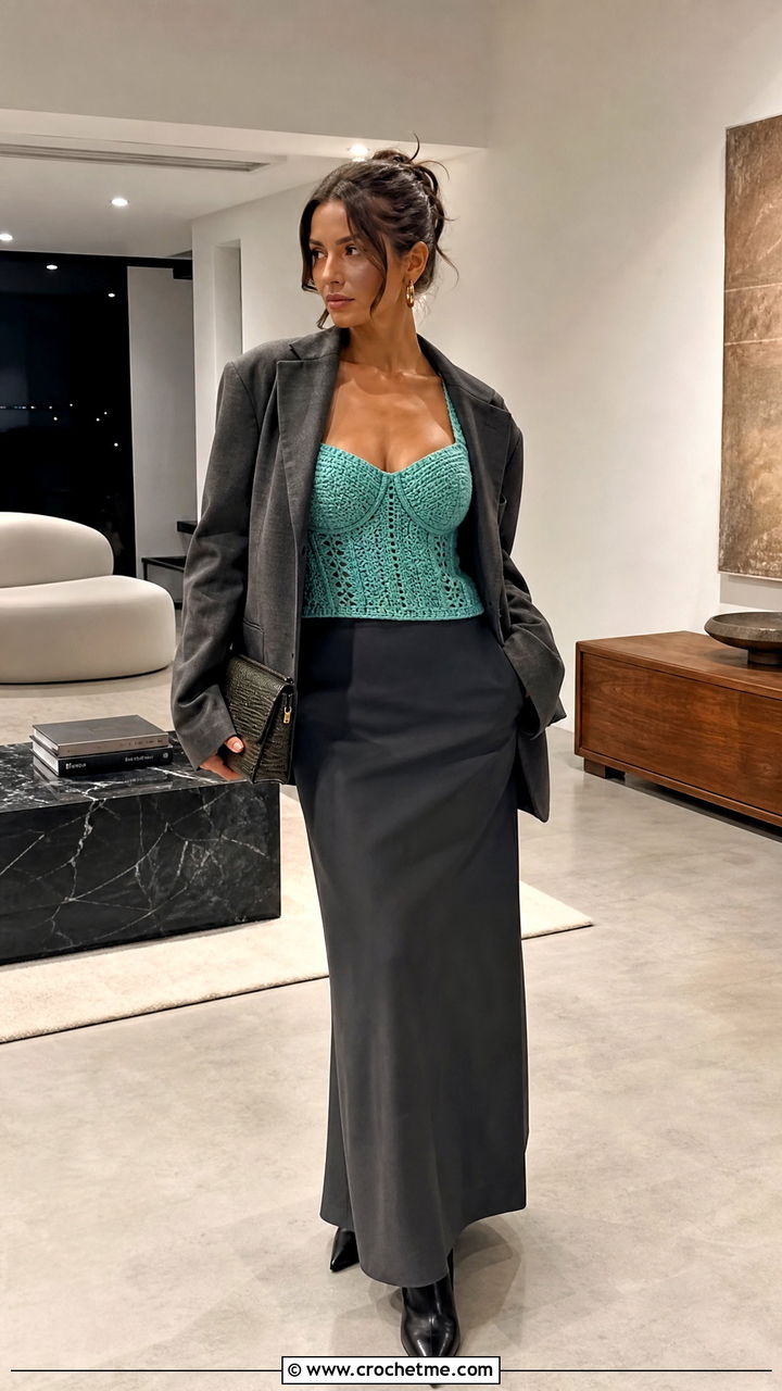 Balconette Crochet Corset Top With Blazer And Maxi Skirt Balconette Crochet Corset Top With Blazer And Maxi Skirt
