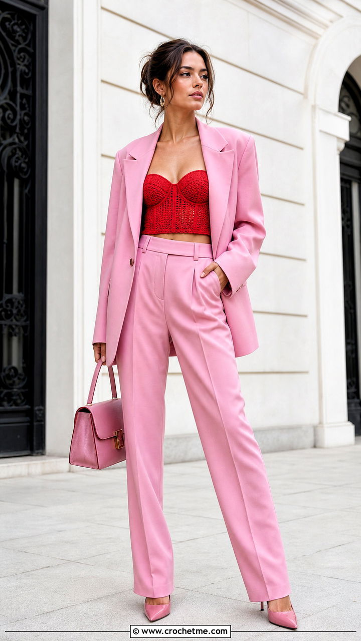 Balconette Cup Crochet Top With Blazer - 35 crochet cup top outfit ideas