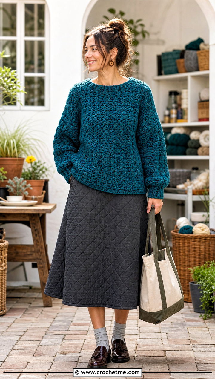 Ball Of Yarn Crochet Mabel Sweater With Quilted Skirt - 35 crochet mabel sweater outfit ideas