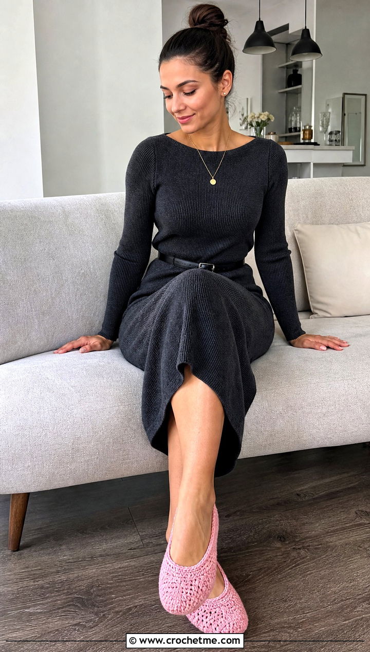 Ballet Crochet Sock Slippers With Knit Midi Dress - 25 crochet sock slippers outfit ideas