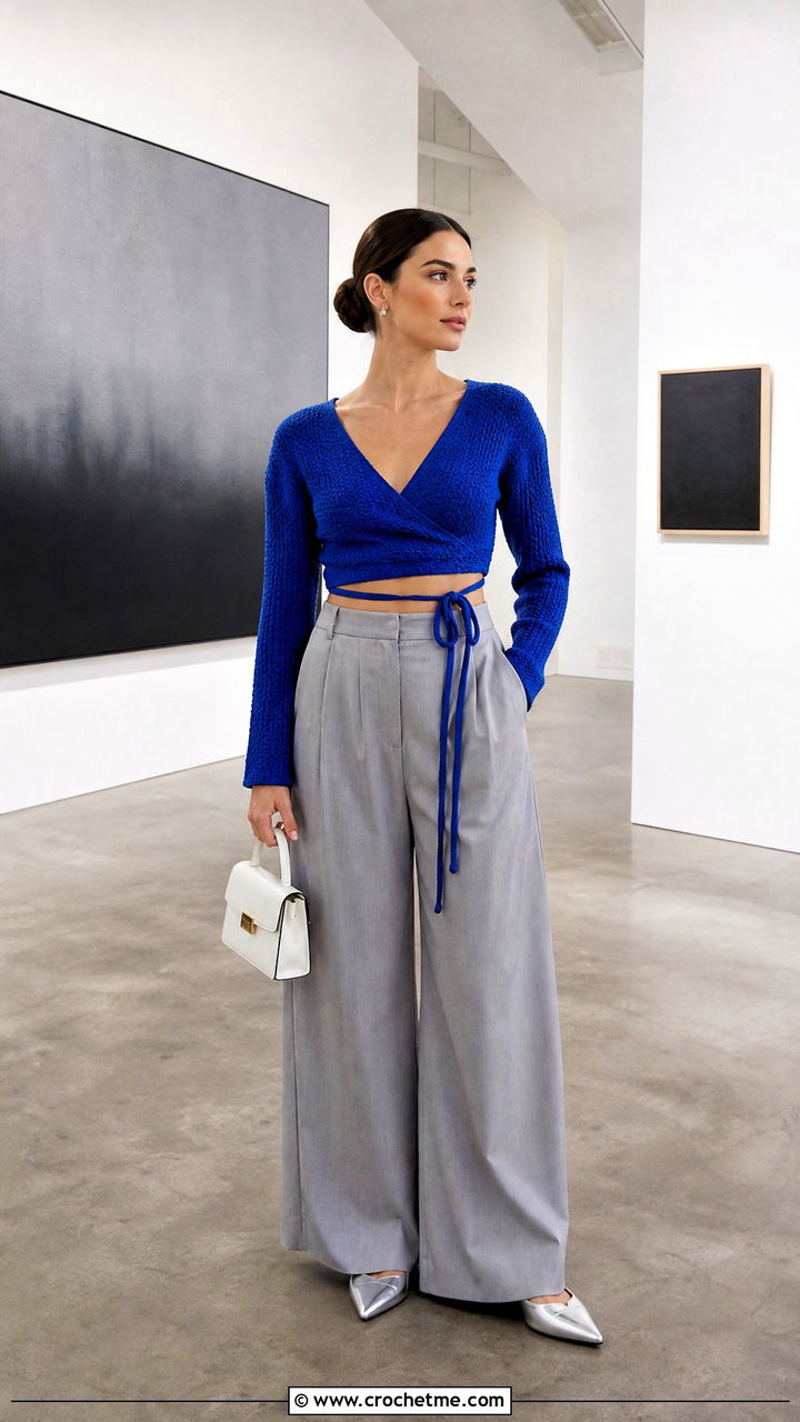 Ballet Crochet Wrap Crop Top With Wide Leg Trousers - 35 crochet wrap top outfit ideas