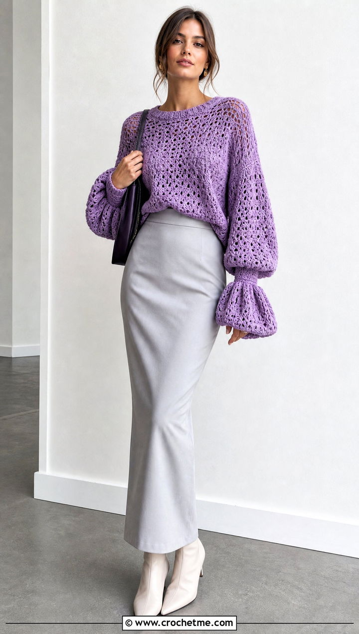 Balloon Bell Sleeve Crochet Sweater With Column Skirt - 25 crochet bell sleeve sweater outfit ideas