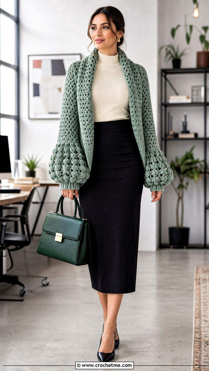 Balloon Cuff Crochet Sweater Scarf With Pencil Skirt - 35 crochet sweater scarf outfit ideas