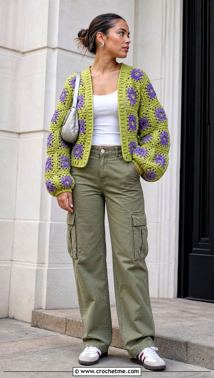 Balloon Sleeve African Flower Granny Square Cardigan With Cargo Pants - 30 african flower granny square cardigan outfit ideas