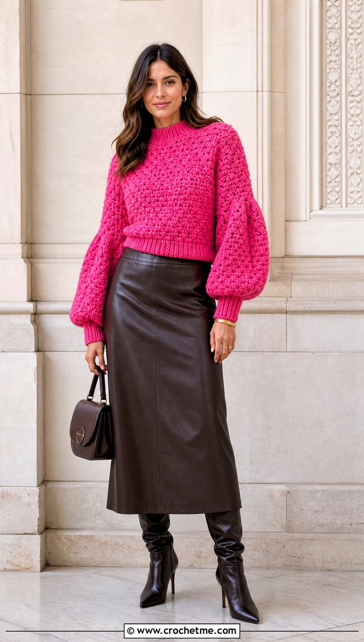 Balloon Sleeve Alpine Stitch Sweater With Leather Midi Skirt - 25 crochet alpine stitch sweater outfit ideas