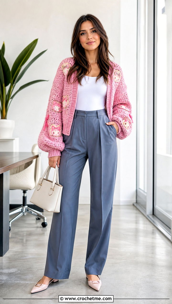 Balloon Sleeve Anime Crochet Cardigan With Tailored Trousers - 30 anime crochet cardigan outfit ideas
