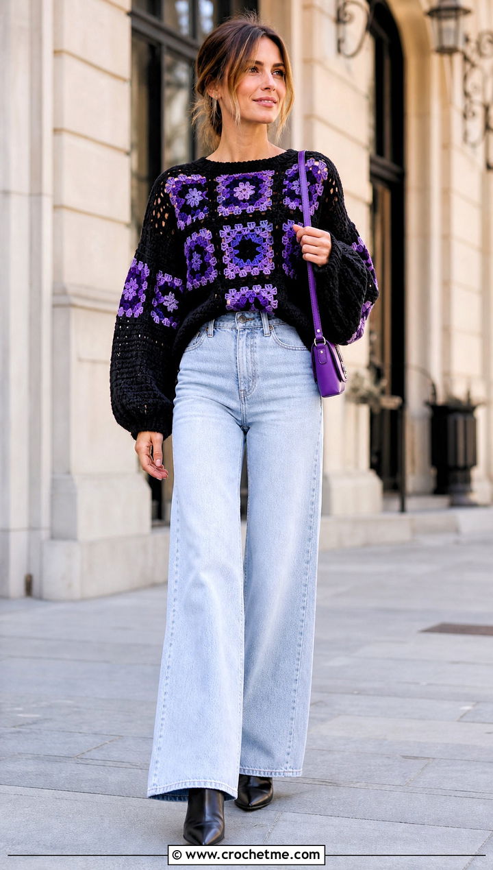 Balloon Sleeve Black Granny Square Sweater With Wide Leg Jeans - 25 black granny square sweater outfit ideas