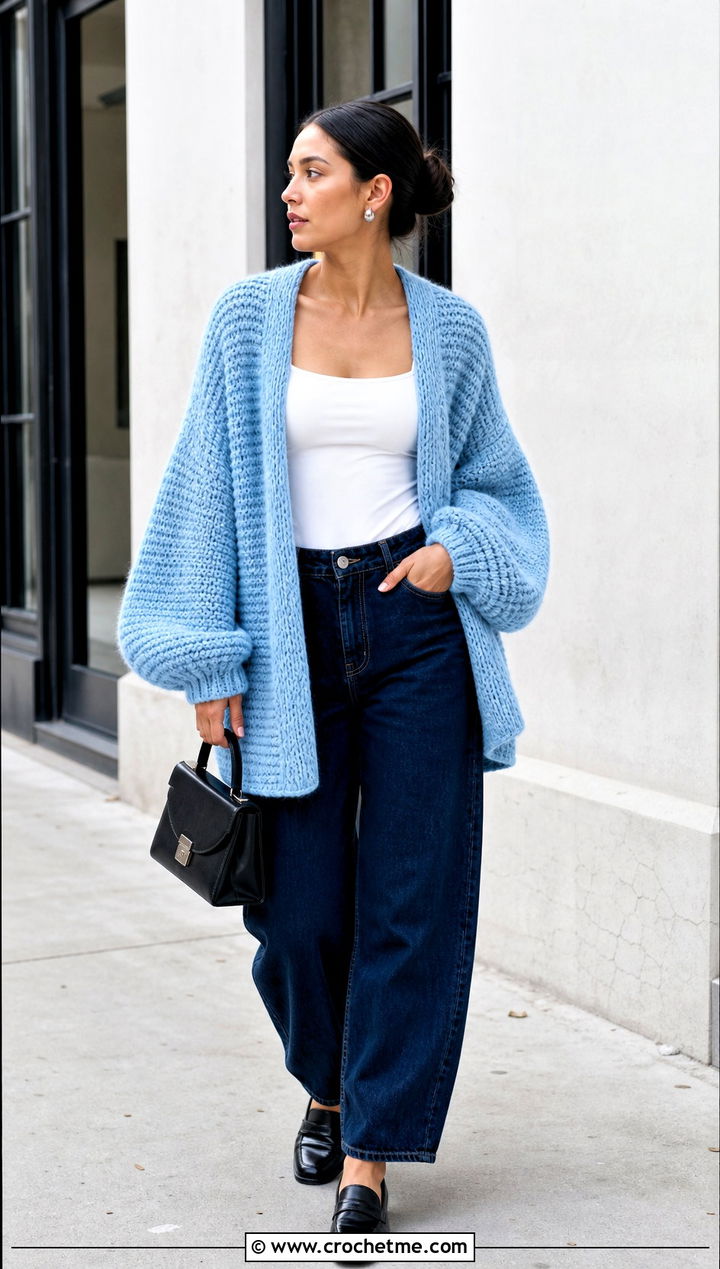 Balloon Sleeve Blanket Cardigan With Barrel Jeans - 30 crochet blanket sweater outfit ideas