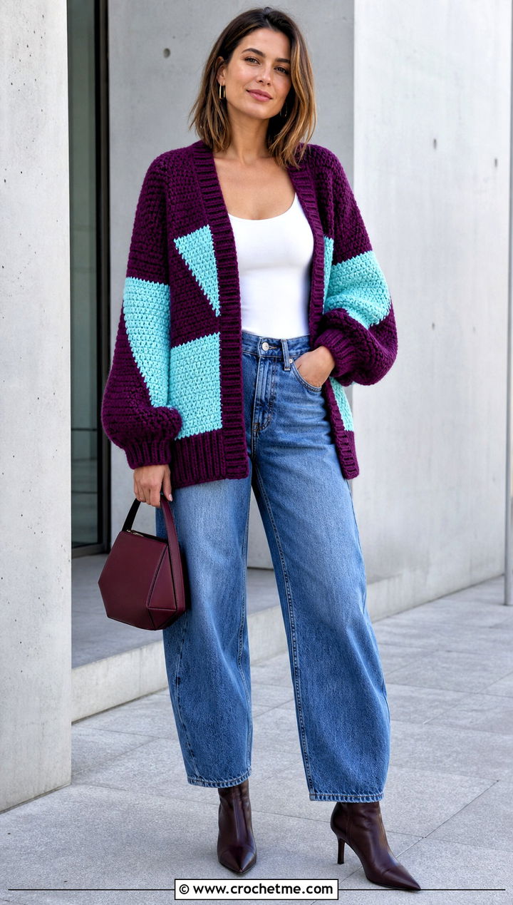 Balloon Sleeve Block Cardigan With Barrel Jeans - 25 crochet block cardigan outfit ideas