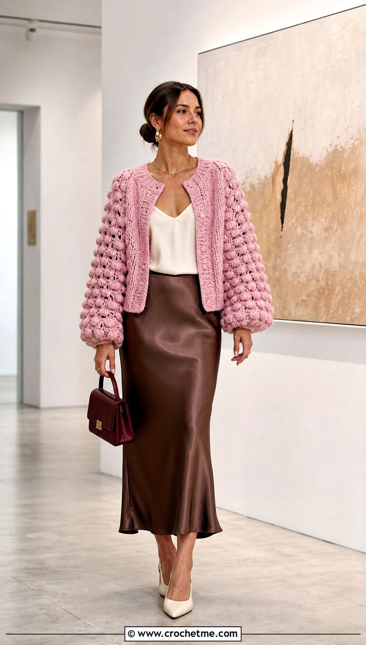 Balloon Sleeve Bobble Cardigan With Satin Skirt - 25 Crochet Bobble Cardigan outfit ideas