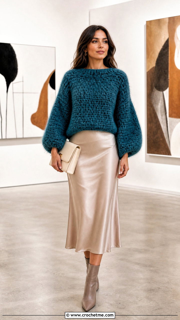 Balloon Sleeve Brushed Alpaca Crochet Fluffy Sweater With Satin Skirt - 35 crochet fluffy sweater outfit ideas
