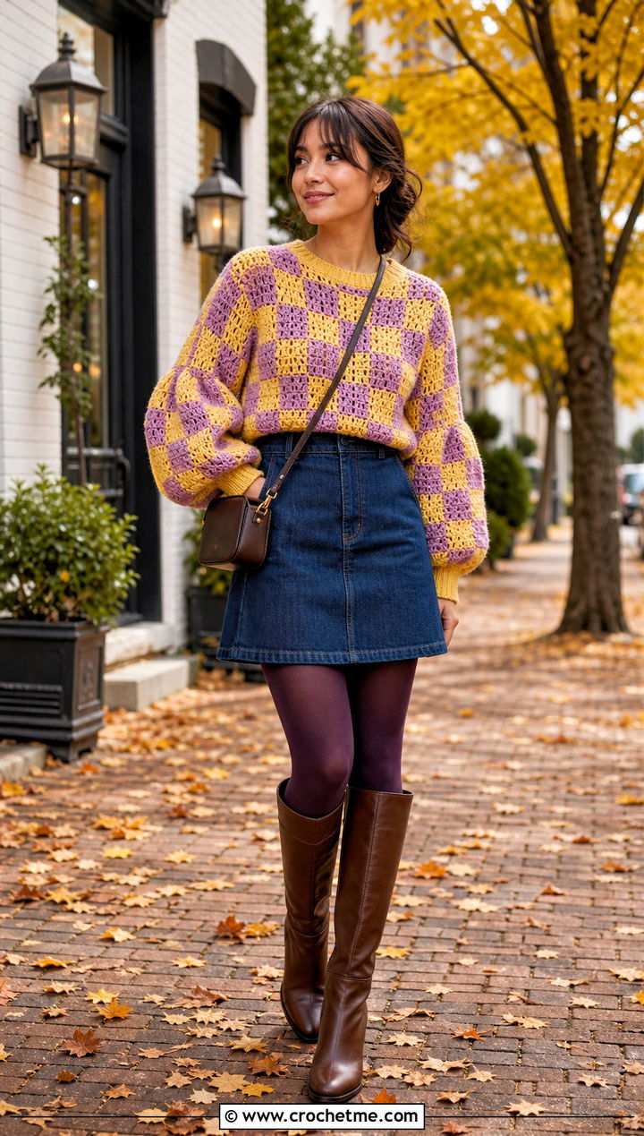 Balloon Sleeve Checkered Crochet Sweater With Mini Skirt - 30 checkered crochet sweater outfit ideas