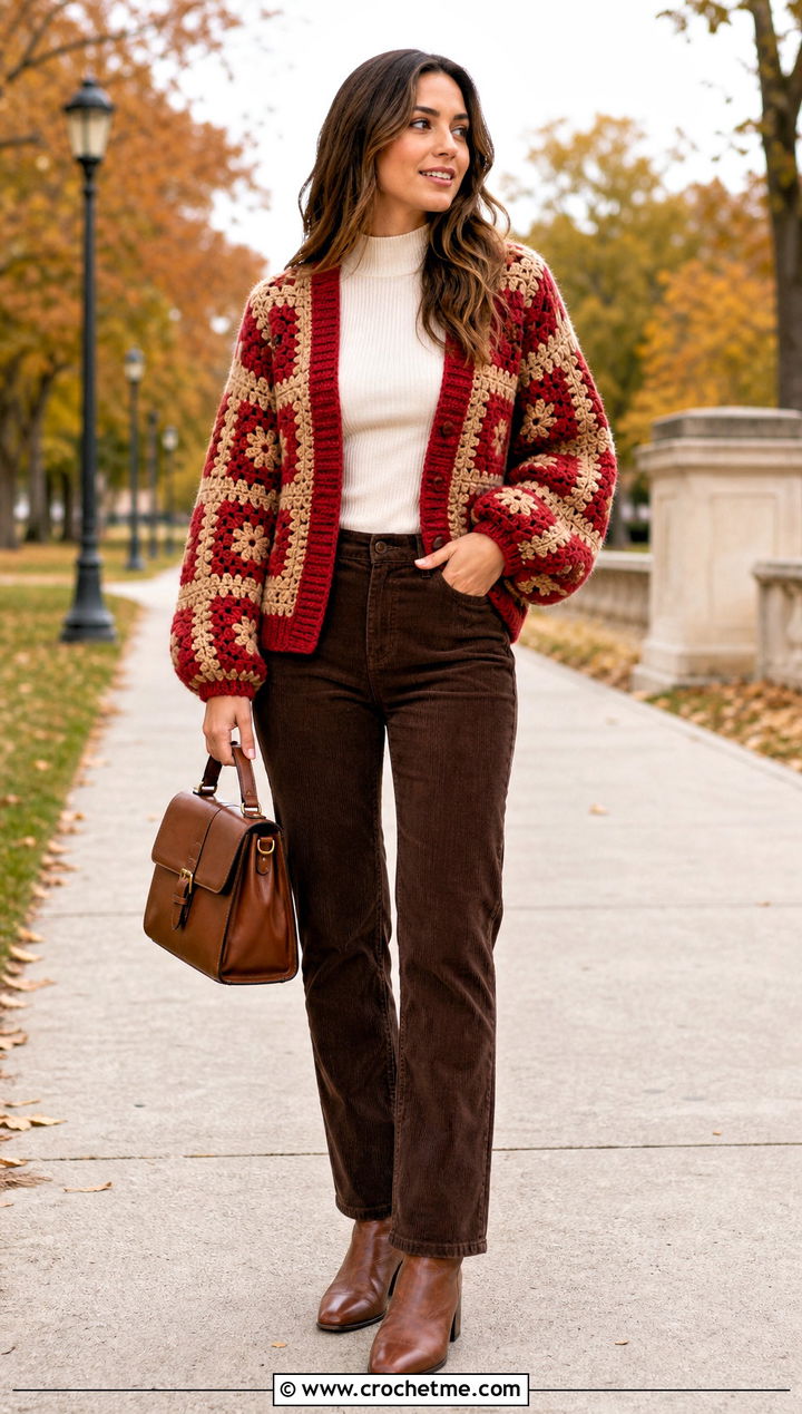 Balloon Sleeve Checkered Granny Square Cardigan With Corduroy Pants - 25 checkered granny square cardigan outfit ideas