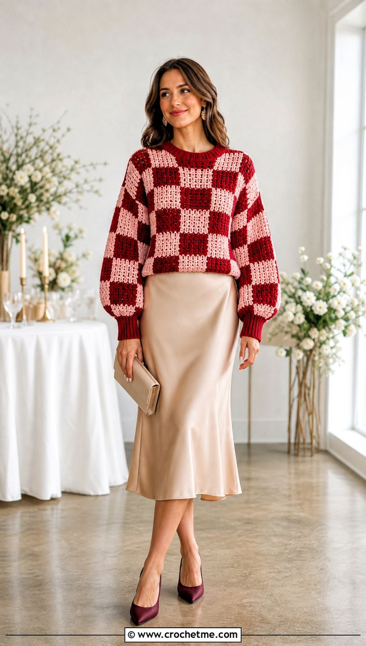 Balloon Sleeve Checkered Sweater With Satin Midi Skirt - 30 crochet checkered sweater outfit ideas