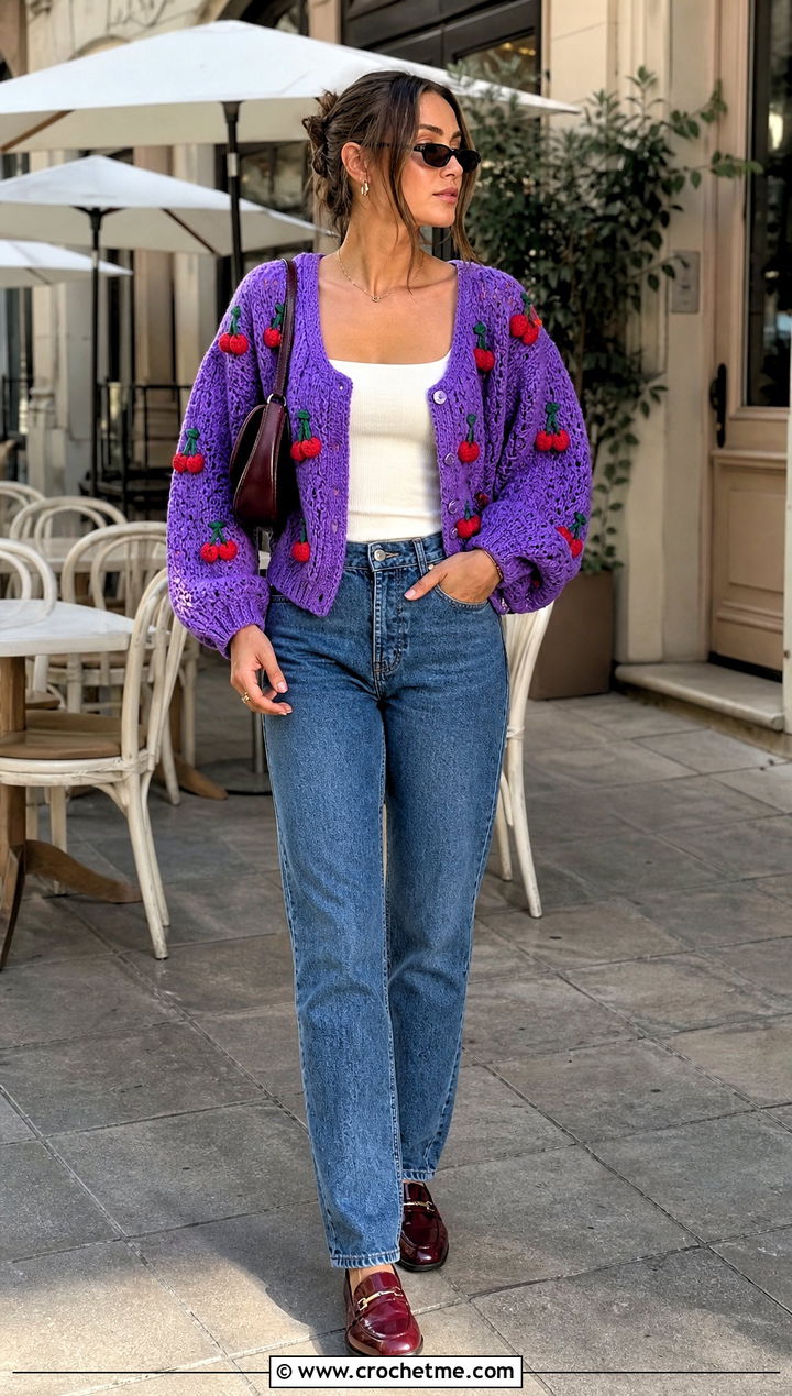 Balloon Sleeve Cherry Cardigan With Straight Leg Jeans - 30 cherry crochet cardigan outfit ideas