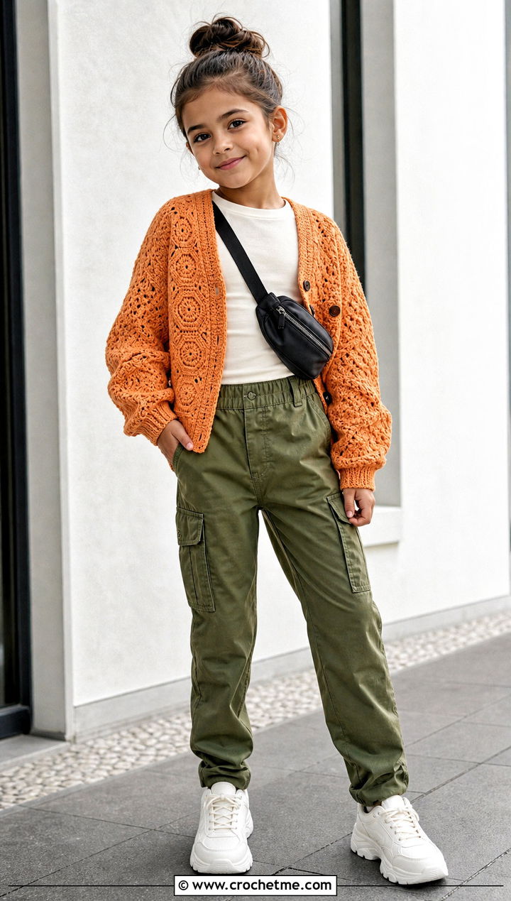 Balloon Sleeve Childs Hexagon Cardigan With Cargo Pants - 15 Crochet Childs Hexagon Cardigan outfit ideas