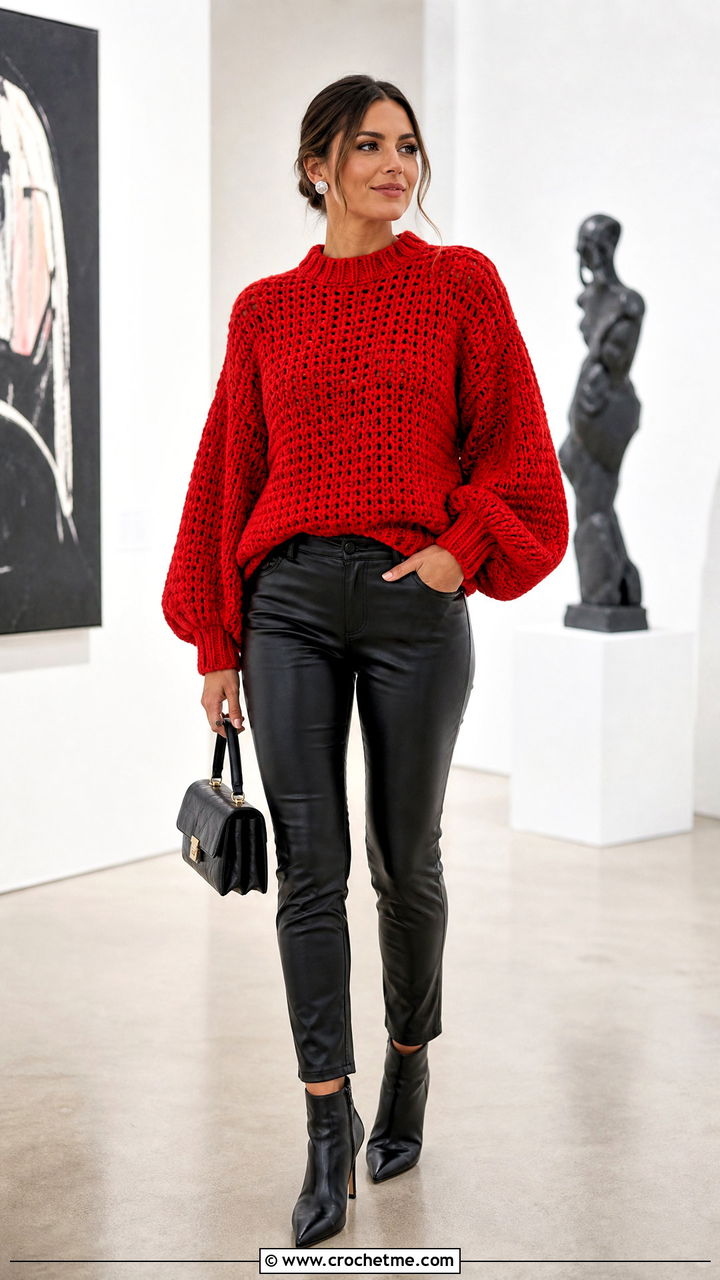 Balloon Sleeve Chunky Crochet Jumper With Leather Pants - 35 chunky crochet jumper outfit ideas