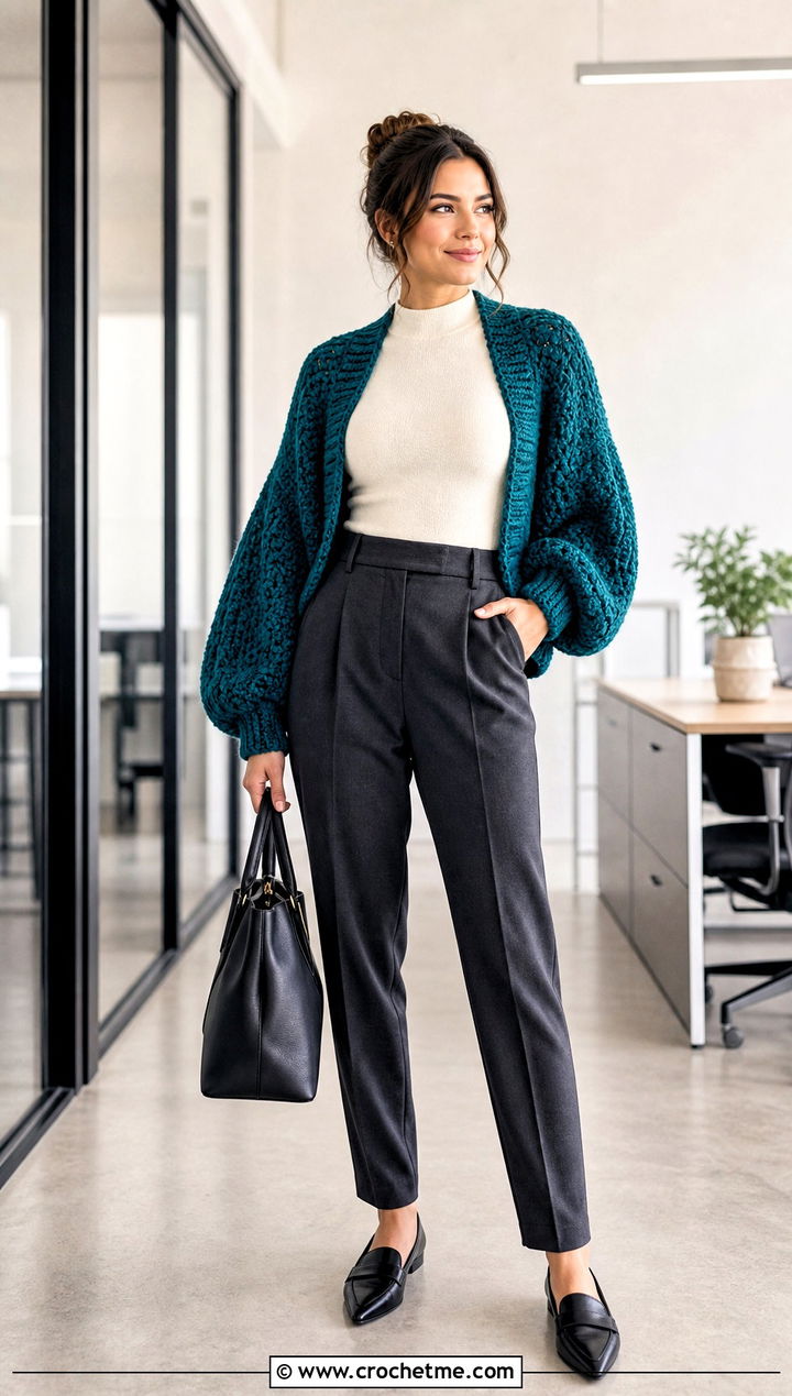 Balloon Sleeve Chunky Crochet Shrug With Tailored Trousers - 25 Chunky Crochet Shrug outfit ideas