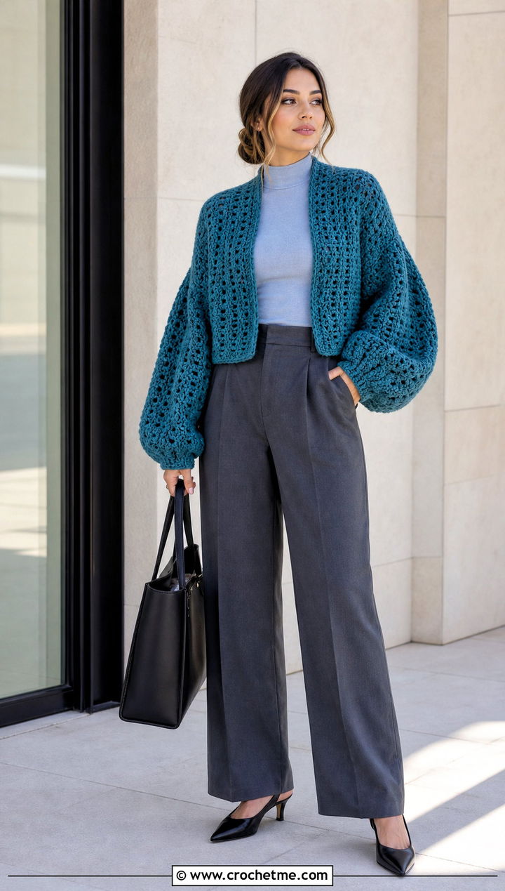 Balloon Sleeve Chunky Cropped Cardigan With Tailored Trousers - 15 Crochet Chunky Cropped Cardigan outfit ideas