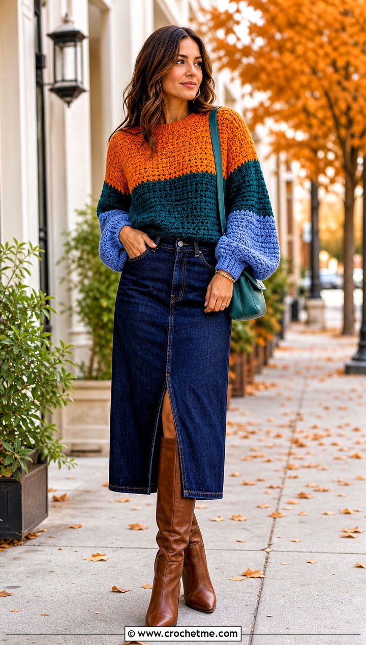 Balloon Sleeve Color Block Crochet Sweater With Denim Midi Skirt - 25 Color Block Crochet Sweater outfit ideas
