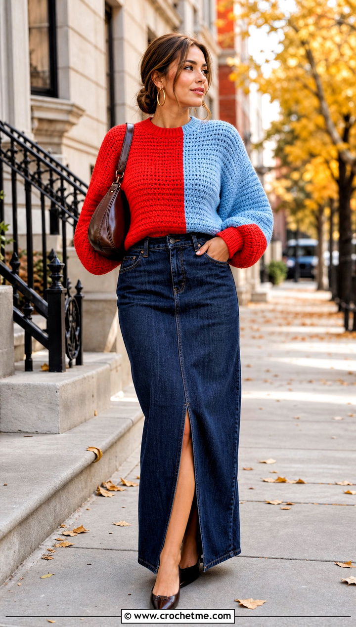Balloon Sleeve Colourblock Crochet Sweater With Denim Maxi Skirt - 15 Colourblock Crochet Sweater outfit ideas
