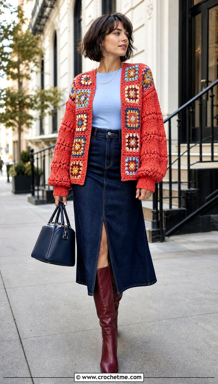 Balloon Sleeve Continuous Granny Square Cardigan With A Denim Skirt - 25 continuous granny square cardigan outfit ideas
