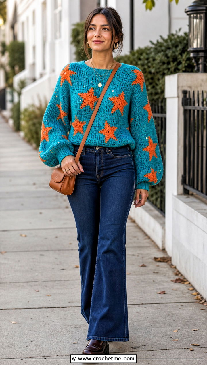 Balloon Sleeve Coraline Star Crochet Sweater With Flared Jeans - 25 Coraline Star Crochet Sweater outfit ideas