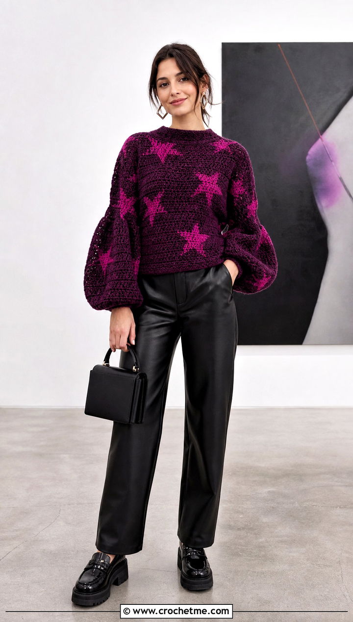 Balloon Sleeve Coraline Star Crochet Sweater With Leather Pants - 25 coraline crochet sweater outfit ideas