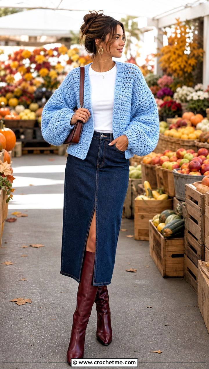 Balloon Sleeve Couch Crochet Cardigan With A Denim Midi Skirt - 15 Couch Crochet Cardigan outfit ideas
