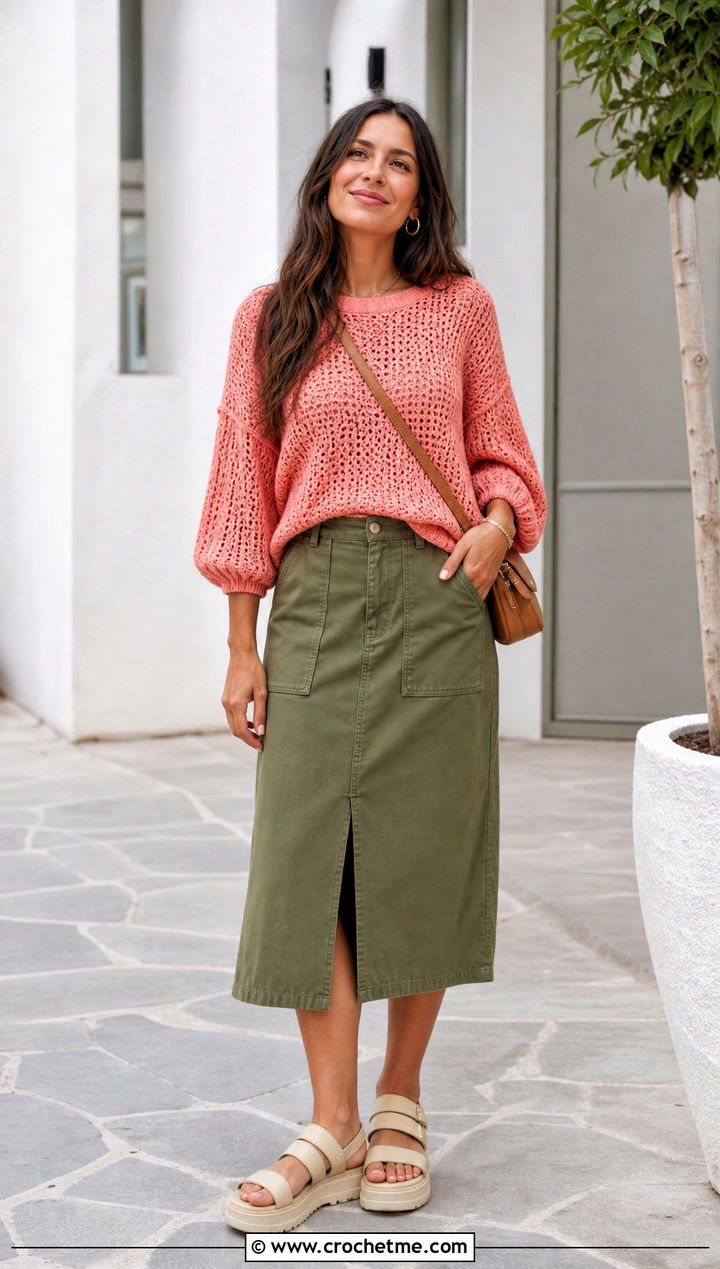 Balloon Sleeve Crochet Beach Sweater With Utility Skirt - 25 Crochet Beach Sweater outfit ideas