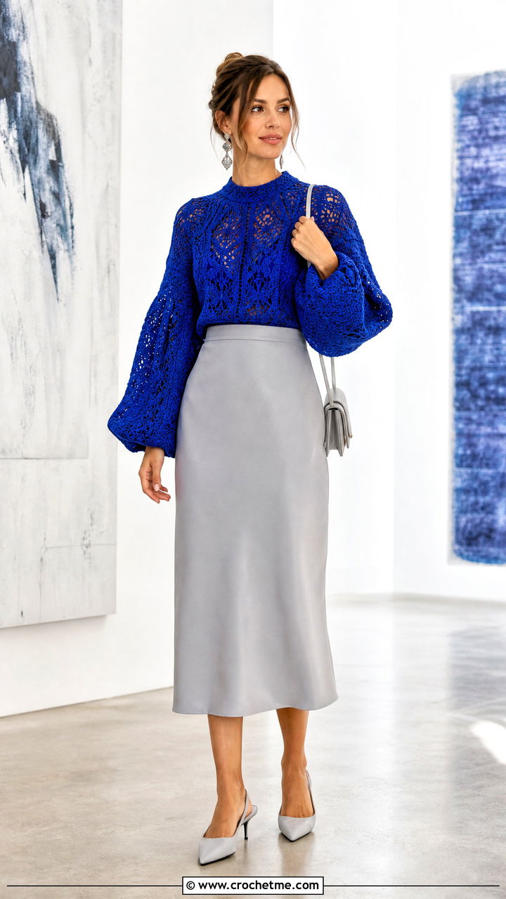 Balloon Sleeve Crochet Blouse With Column Skirt - 35 crochet blouse outfit ideas