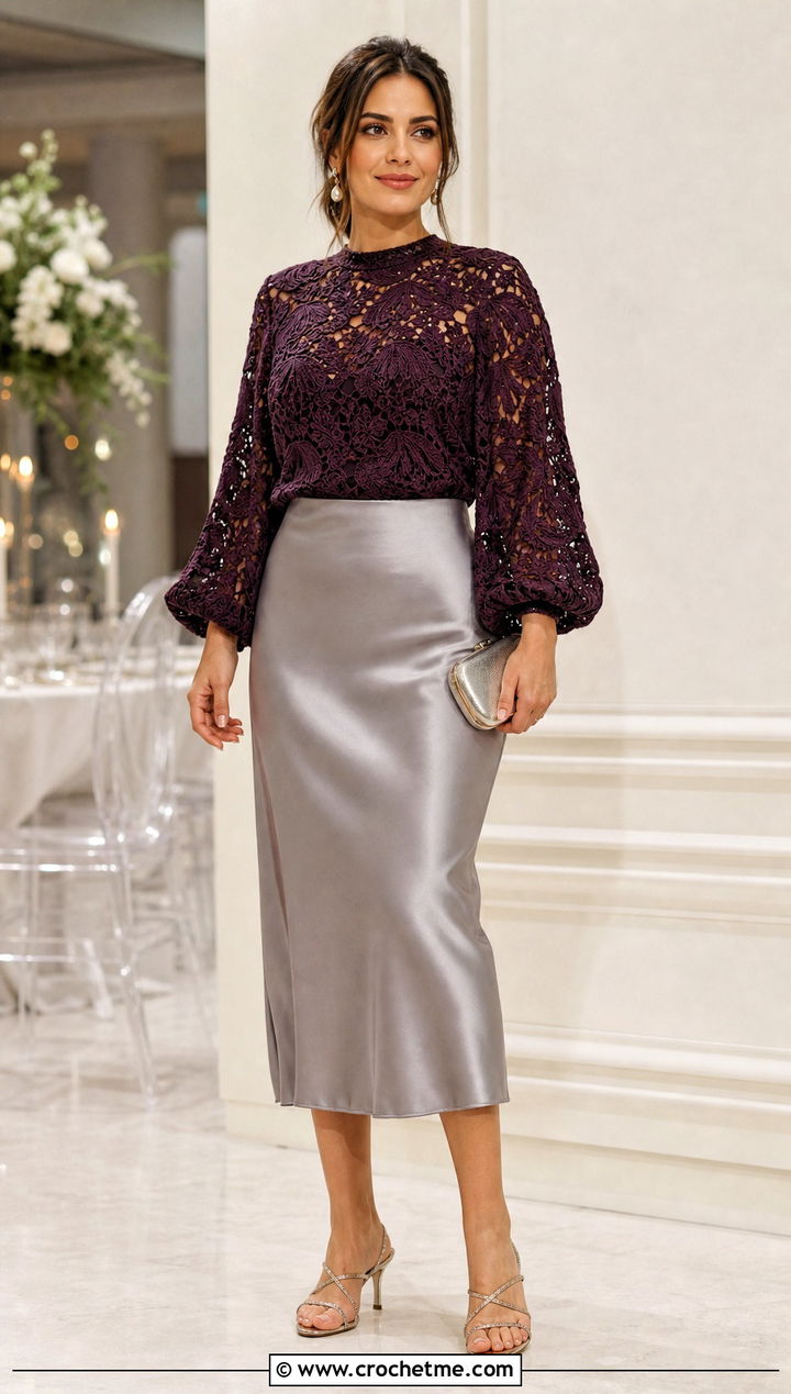 Balloon Sleeve Crochet Blouse With Satin Midi Skirt - 15 Long Sleeve Crochet Blouse outfit ideas
